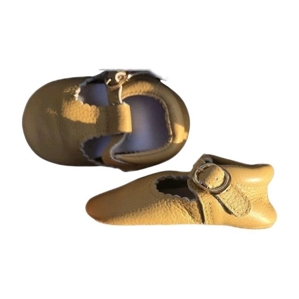 Little Love Bug Co. Leather T-Bar Scallop M J Shoes - Camel/Nude 5 (18-24m)